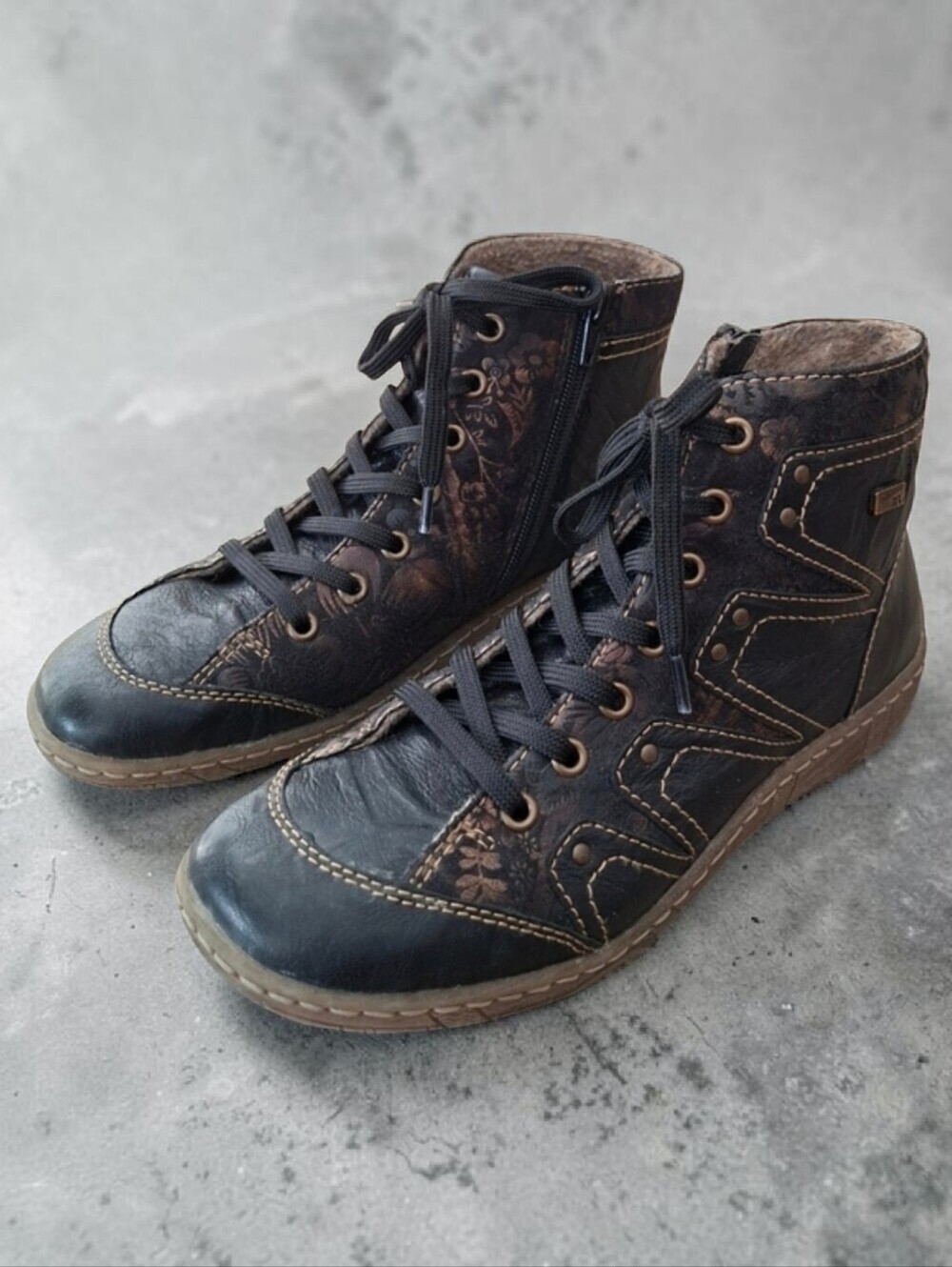 Remonte Black Leather Boots Ankle Booties Short Ankle Shoeties Side Zip Lace Up